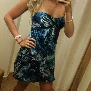 CACHE Sexy Summer Strapless Blue Green Bubble Silk Dress Size 4 NWOT CDW $150